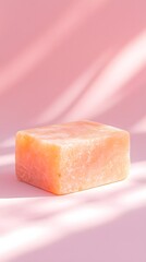 Textured Light Pink Soap Bar on Pink Background with Soft Light and Shadows