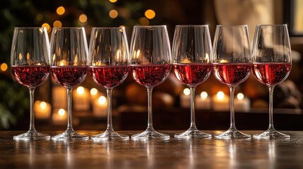 Row of wine glasses filled with red wine, in front of candles and fireplace