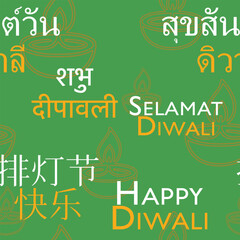 Multilingual Diwali greeting with “Happy Diwali” in Hindi, Chinese, Thai, Malay and English on vibrant festive backgrounds. Simple typographic design.