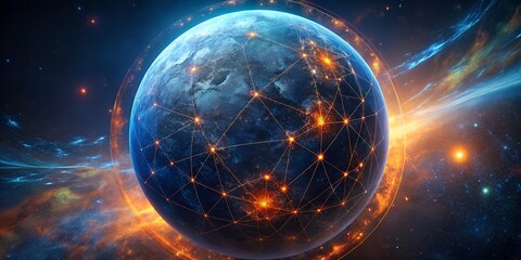 Obraz premium Futuristic Earth with Glowing Digital Network Connections and Vibrant Orange Data Nodes in a Cosmic Space Scene with Nebula Background