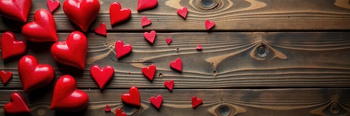 Fototapeta premium Rustic wood table, scattered red hearts, Valentine's Day , valentines day, holiday background, heart shapes