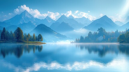 Fototapeta premium Serene lake reflecting misty mountains (1)