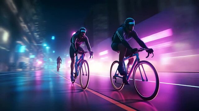 Gen-4 Turbo A hyperrealistic cinematic scene of futuristic cyclists speeding through a glowing neon city at night The camera pans dynamically alongside the racers, with a fast zoom toward the lead cy 