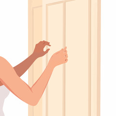 Woman gently closing closet door in minimalistic setting, personal space
