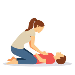 Woman performing CPR on stranger lying on ground, lifesaving action