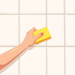 Woman scrubbing mildew in shower with yellow sponge, cleanliness concept
