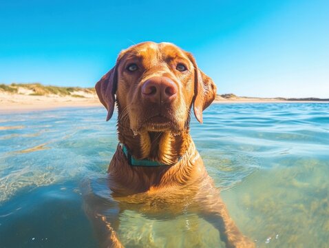 Vizsla dog swimming in clear ocean water on sunny day close up head shot at beach location summer fun