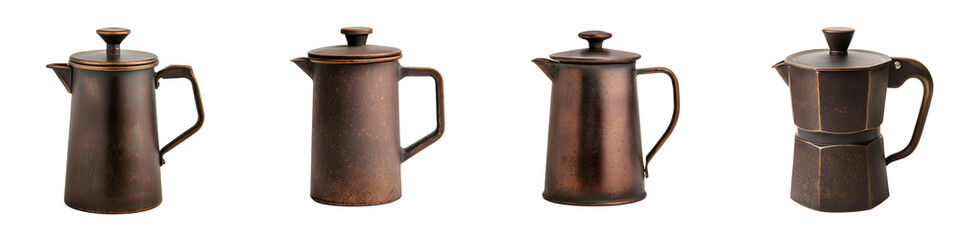 Collection of vintage-style coffee pots in a variety of finishes, showcasing rustic charm and elegant designs, suitable for home decor or culinary photography