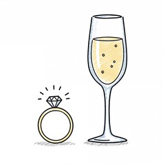 Engagement ring placed next to champagne glass for celebration  