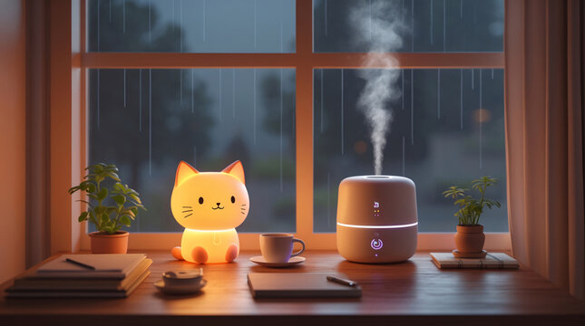 homey bedroom design featuring wooden study table cat lamp indoor plant aroma diffuser and rainy view through cozy aesthetic room window interior design wallpaper background