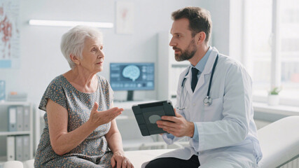 Elderly Female Patient Consults Functional Medicine Expert in Clinical Setting, Digital Brain Data Displayed on Tablet, Emotional Support and Cognitive Health