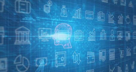 Network grid featuring pink head projecting light beam toward card, surrounding finance icons - Powered by Adobe