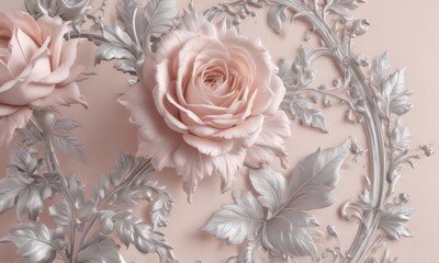 Subtle acanthus leaves & roses in soft blush pink & silver, delicate scrollwork, traditional, romantic