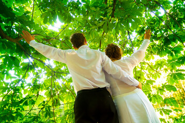 happy newlyweds couple relax in the park. High quality photo