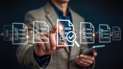 Businessperson interacts with digital documents, reviewing and confirming.