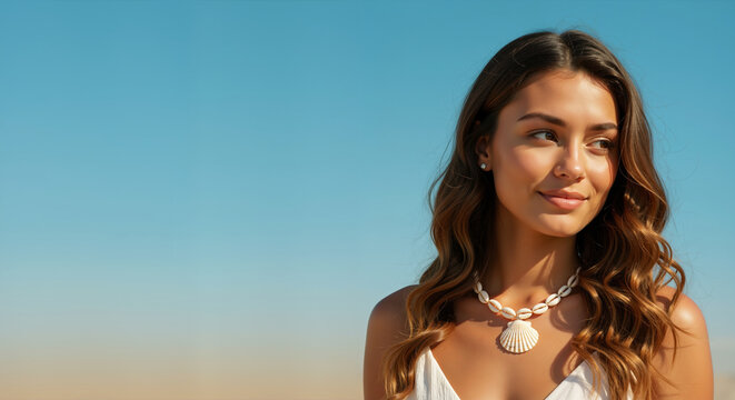 Woman with wavy brown hair wearing shell necklace against blue sky. Summer beach beauty concept for marine jewelry, vacation accessories and coastal fashion marketing
