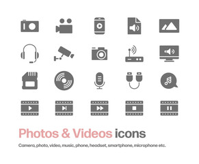 カメラ,写真,ビデオ,マイク,音楽,メディア,ヘッドフォン等のアイコンセット