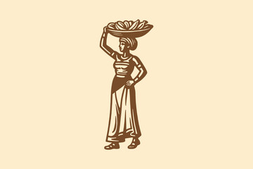 Ethnic woman with basket vintage sketch icon