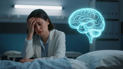Businesswoman in a medical clinic experiencing cognitive fatigue, with a floating brain scan projection, advanced diagnostics, natural treatment, and soft cinematic lighting