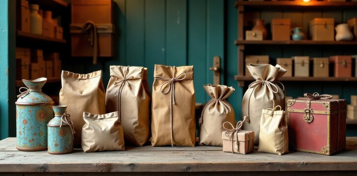 Weathered wooden planks display assorted antique packages, old, wooden