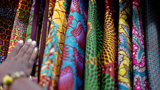 Small business owner of an African Print, Ankara fabric shop proudly displaying different kinds of textile prints.