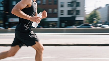 A runner training outdoors, holding water bottle, in urban setting. The runner is in motion, captured during a marathon or training run.