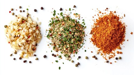Colorful spice blends arranged on white background