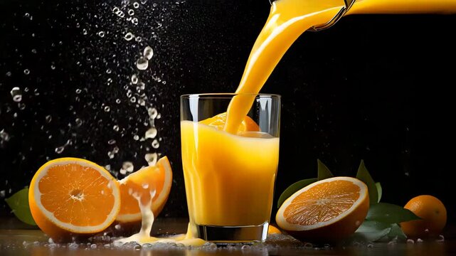 4 Turbo A hyperrealistic, cinematic close-up of fresh orange juice being poured into a clear glass The juice flows cleanly and precisely, with no spillover or drips along the sides The camera zo 4K 