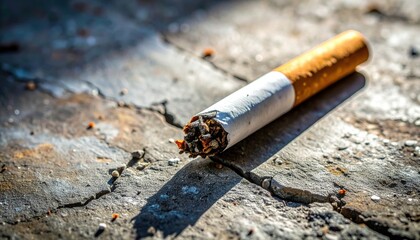 Abandoned Cigarette Butt: A close-up shot of a discarded cigarette butt, lying on a cracked, textured surface, with its ash and filter exposed.