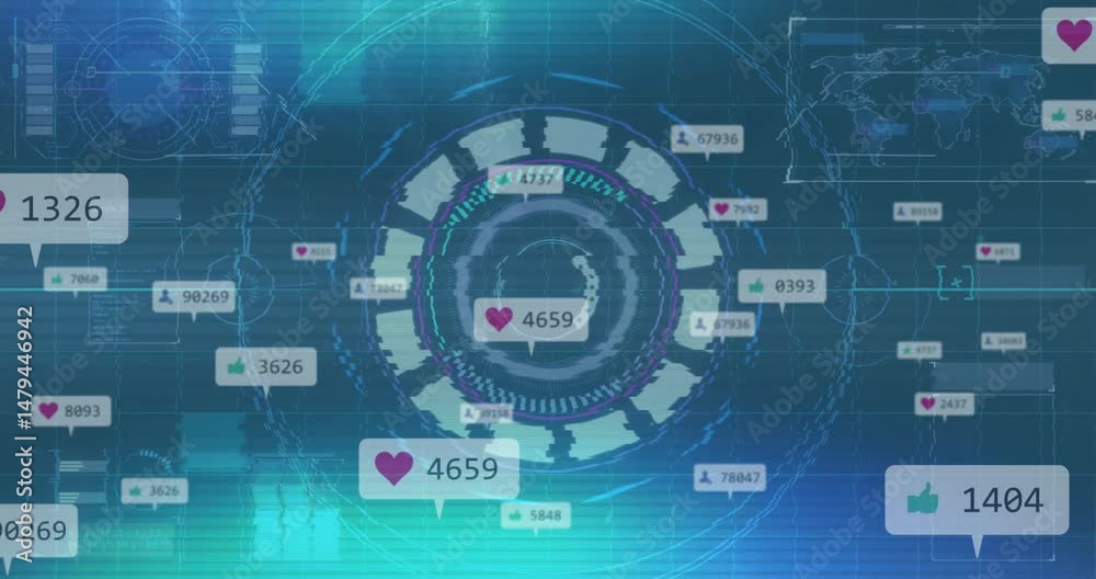 Poster circular hud being animated in 3d dashboard, showing floating heart thumbs-up and user icons