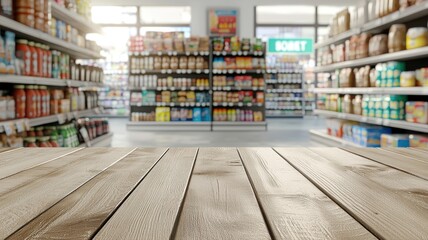 Obraz premium Empty Wooden Table and Blurred Modern Supermarket Aisle Background aisle background empty modern buy