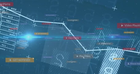 White polyline graph zigzagging over blue grid with star nodes, floating UI tags in flat design