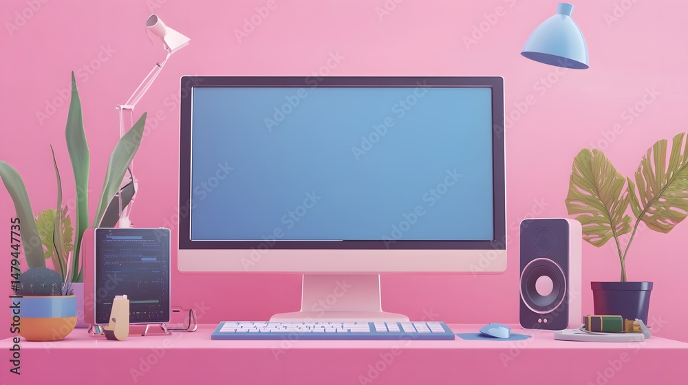 Wall mural mock up desktop computer. screen device mockup blank monitor. creative concept idea. realistic 3d de