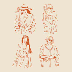 Stylish set of half-body female illustrations featuring women in summer outfits, line-drawn in monochrome orange, showcasing accessories, hats, drinks, and relaxed vacation fashion.