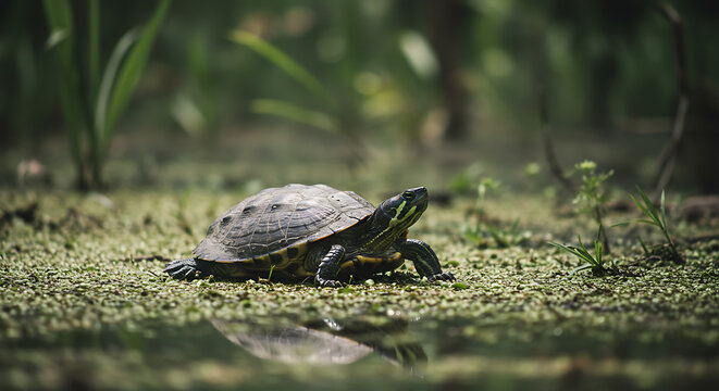 Peaceful painted turtle basking in sunlit marsh serene nature scene