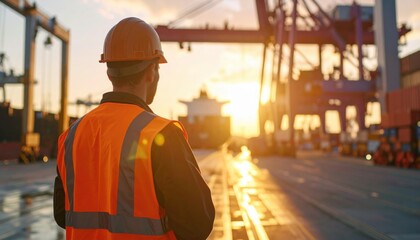Industrial Sunset: A solitary figure in a safety vest and hard hat stands silhouetted against the backdrop of a bustling port terminal, bathed in the warm glow of the setting sun.