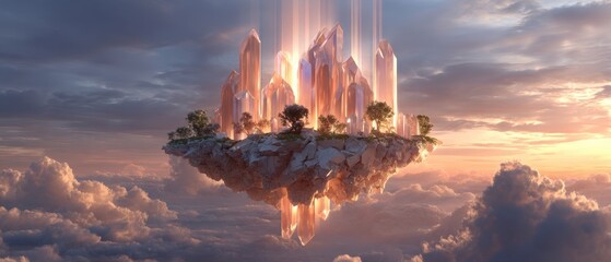Fantasy crystal city on floating island in the sky with sun rays and clouds Concept of utopia, dreamscape, and surreal landscape