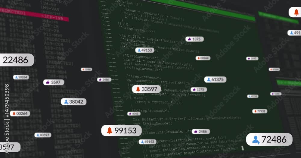 Poster Monitor displaying green syntax highlights while floating notification icons showing counters