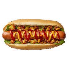 Enjoy Fresh Hotdog with Ketchup and Mustard Topping on White or Transparent Surface