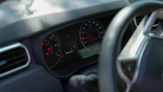 modern passenger car ready for a trip. car dashboard at the time of starting. road travel. indication on the screen of the car's on-board computer about the serviceability of all systems and readiness