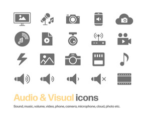 モニター,マイク,カメラ,スマホ,音量,メモリーカード,写真,ビデオ,音符等のシルエットアイコンセット