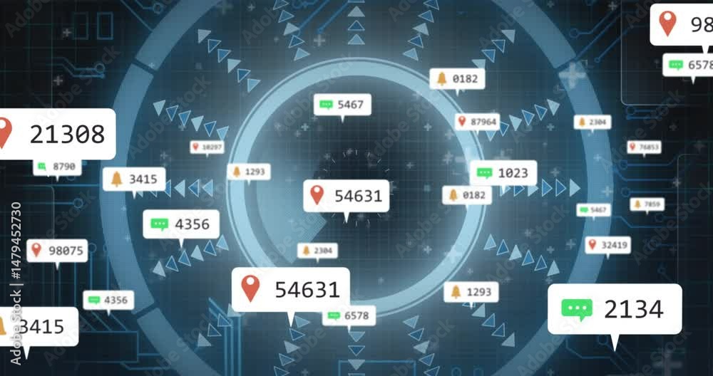 Poster high-tech data visualization showing central circular interface with floating numeric alerts
