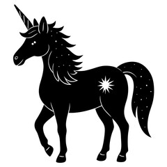 Christmas unicorn with glowing horn silhouette vector illustration 
