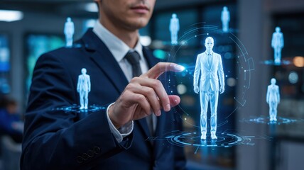 A man in a suit interacting with a holographic representation of people.