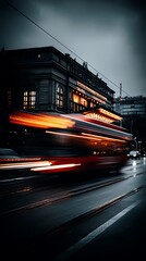 Moving Tram by Building at Night