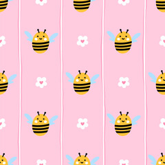 Seamless pattern with cute bees and daisies in a cozy woodland style. Kawaii vector design, perfect for spring and summer nursery decor, children clothing, and fabric