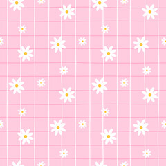 Seamless pattern with chamomile flowers and gingham background. Cute spring vector design perfect for fabric, wallpaper, and children decor