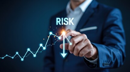 Businessperson interacting with a rising risk graph.