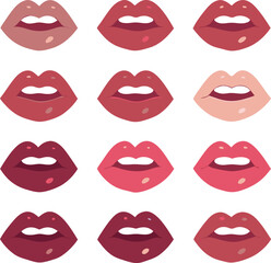 Lipstick palette. Vector illustration of sexy woman's lips with different matte lipstick tones, such as red, nude, pink and violet. Isolated on white.