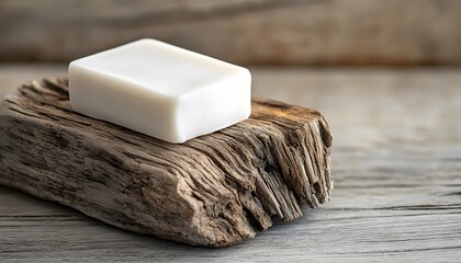 Rustic wooden soap dish holding a bar of white soap.